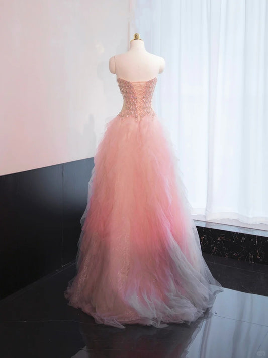 Chic Pink Beading Sweet 16 Evening Dress Sleeveless Tulle Layered Halter Prom Dress AP0998