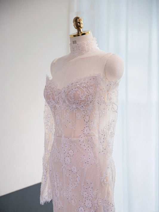 Fancy Sheer Lace Long Sleeve Glitter Sequins Bridal Dress Off-Shoulder Strapless Mermaid Wedding Dress AP1005