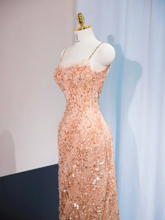 Romantic Sequins Glitter Cinched-Waist Feast Dress Chic Beaded Strap Prom Dress AP1016