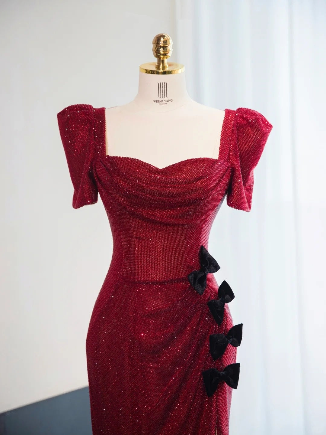 Vintage Red Draped Sequins Sweet 15 Maxi Dress Puff Short Sleeve Bow Design Prom Dress AP1017