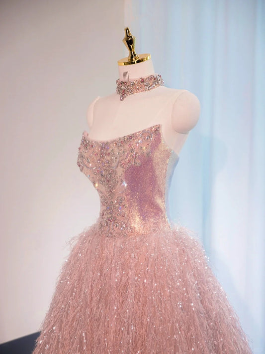 Classical Shine Sequins Beading Design Sweet 16 Feast Dress Tulle Layers Hem Strapless Prom Dress AP1027