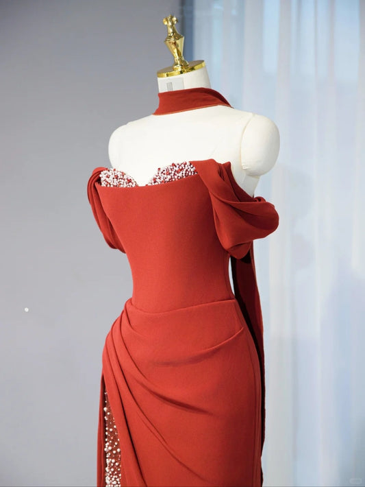 Gorgeous Sheath Red High-Slit Dress Off-Shoulder Beading Design Prom Dress AP1029