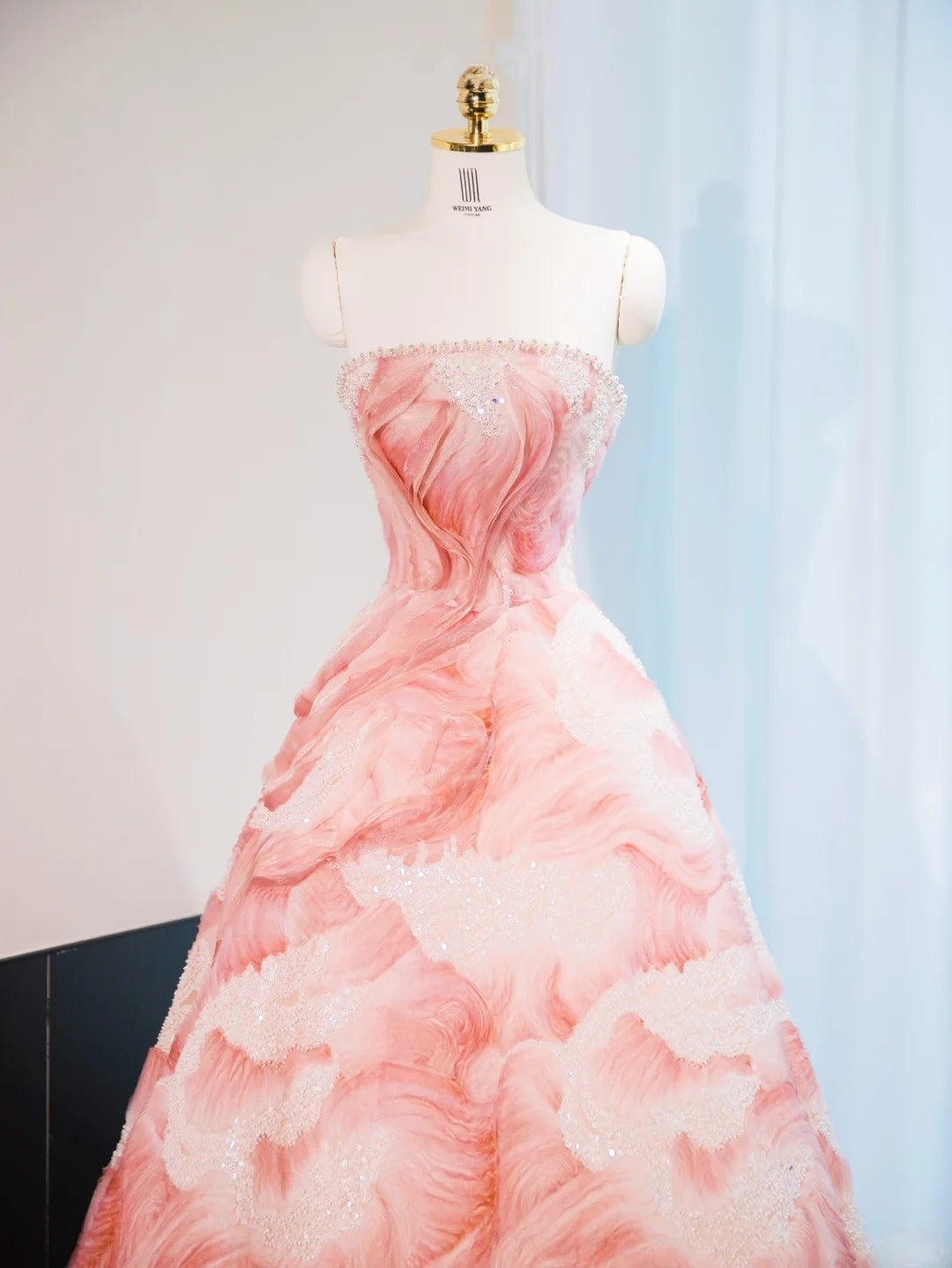 Cute Strapless Sequins Glittering Wave Ruffled Sweet 16 Dress Blush Pink Ombre Prom Dress AP1031