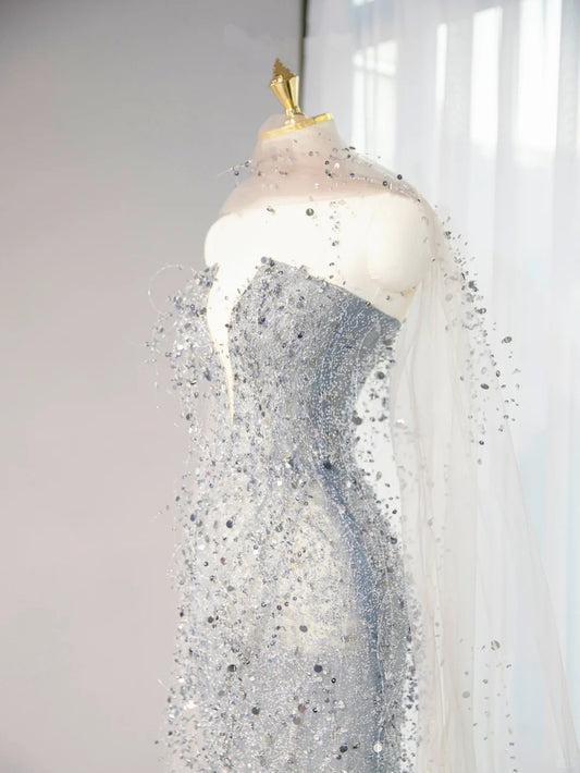 Lustrous Sequins Bodycon Mermaid Dress Tulle Stole V-Neck Strapless Prom Dress AP1035