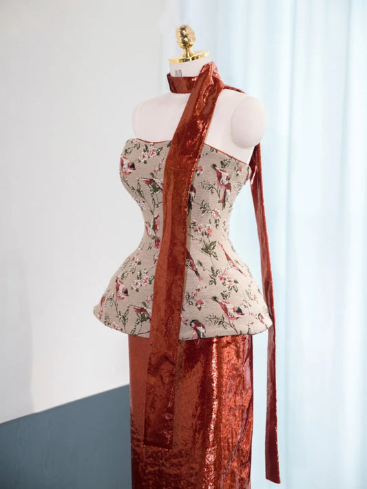 Vintage Beading Bodycon Mermaid Dress Vibrant Glittering Hem Strapless Applique Pattern Prom Dress AP1039