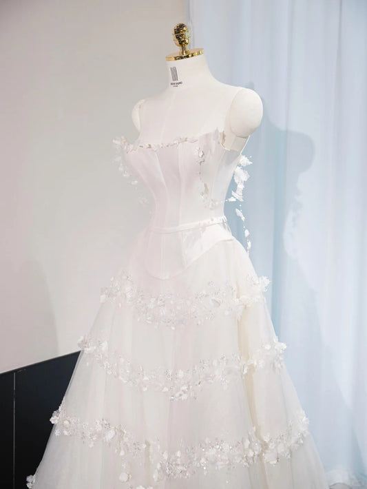 Elegant Floral Hem Tiered Sheer Tulle Bridal Dress Strapless Off-Shoulder Applique Wedding Dress AP1041