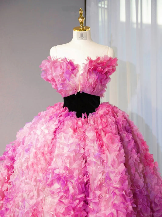 Dreamy Pink 3D Petal Sweet 16 Ball Gown Strapless V-Neck Black Waistband Prom Dress AP1048