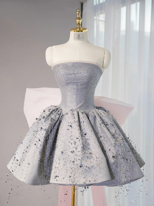 Classical Gray Beading Birthday Outfits Mini Dress Sparkly Sequins A-Line Pink Tulle Bow Homecoming Dress AP1049