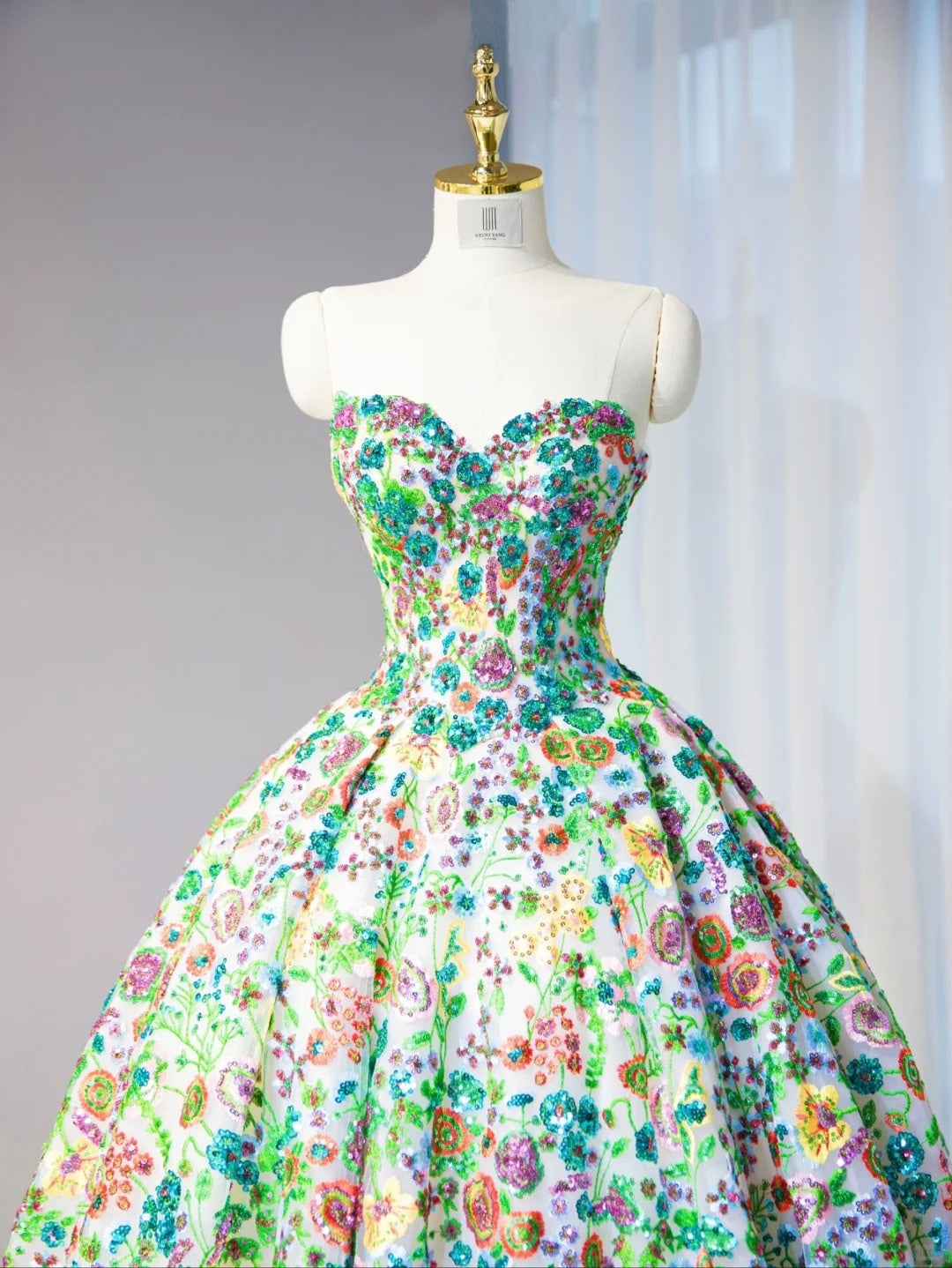 Vibrant Sequins Floral Sweet 16 Maxi Dress With Train Strapless Green Prom Dress AP1056