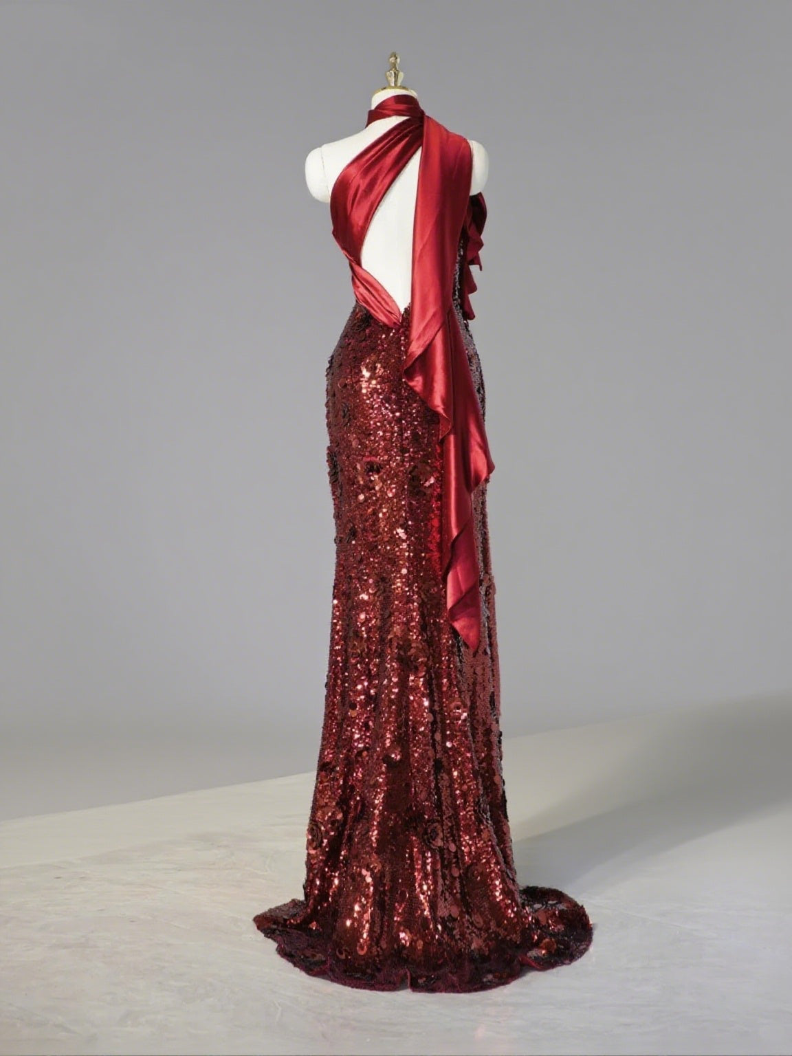 Sexy Asymmetric Neckline Red Satin Splicing Maxi Dress Strapless Glowing Sequins Halter Prom Dress AP1058