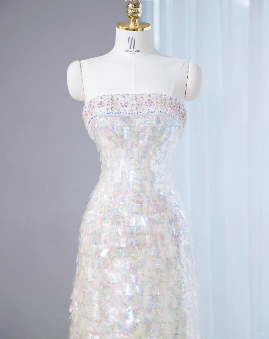 Ethereal Sparkling Iridescent Sequins Sweet 16 Maxi Dress Strapless Cinched-Waist Beading Prom Dress AP1061