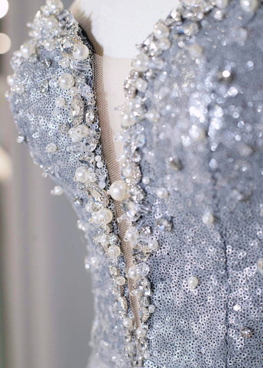 Fashionable Silver-Black Gradient Sparkling Sequins Maxi Dress Tulle Splicing Strapless Beading Prom Dress AP1062