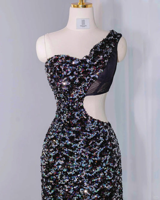 Glamorous Side Cutout Sleek Evening Dress One Shoulder Sequins Glowing Prom Dress AP1067