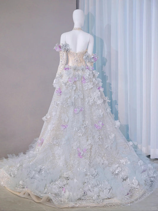 Romantic Handmade Flowers Layered Tulle Ball Gown Beading Off-Shoulder Long Sleeve Wedding Dress AP1069