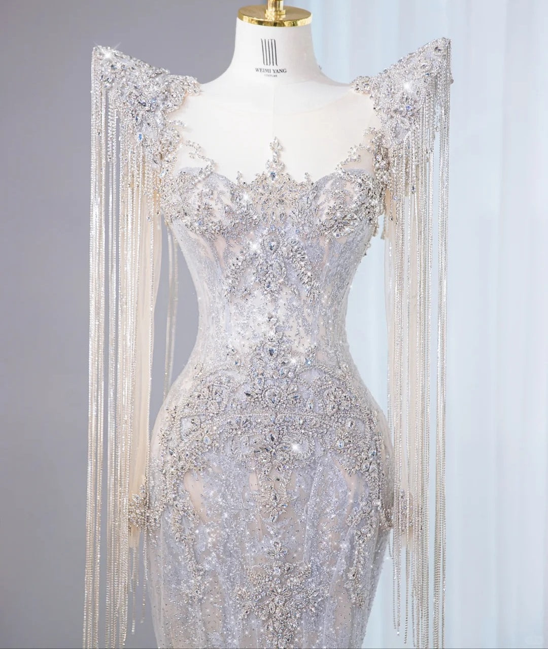 Glamorous Silver Sequin Mermaid Maxi Dress Crystal Fringe Sleeves Beading Prom Dress AP1070