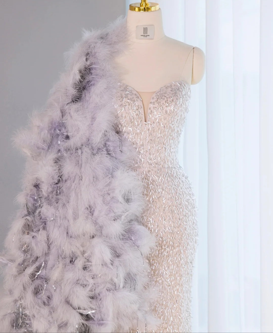 Unique Silver Sequin Mermaid Evening Dress Detachable Lavender Feather Shawl Prom Dress AP1072