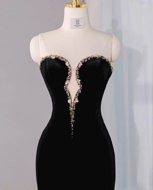 Retro Black Velvet Tulle Splicing Mermaid Evening Dress Beading Strapless Sheath Prom Dress AP1073