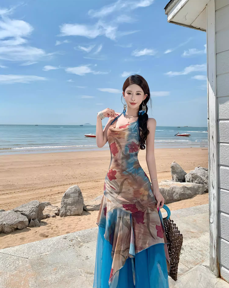 Boho Floral Print Sheath Maxi Dress Asymmetric Hem Flowy Backless Tulle Splicing Halter Dress AP1080