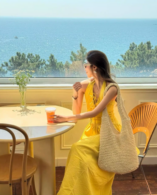 Classical Summer Beach V-Neck Maxi Dress Flowy Backless Soft Fabric Halter Dress AP1091