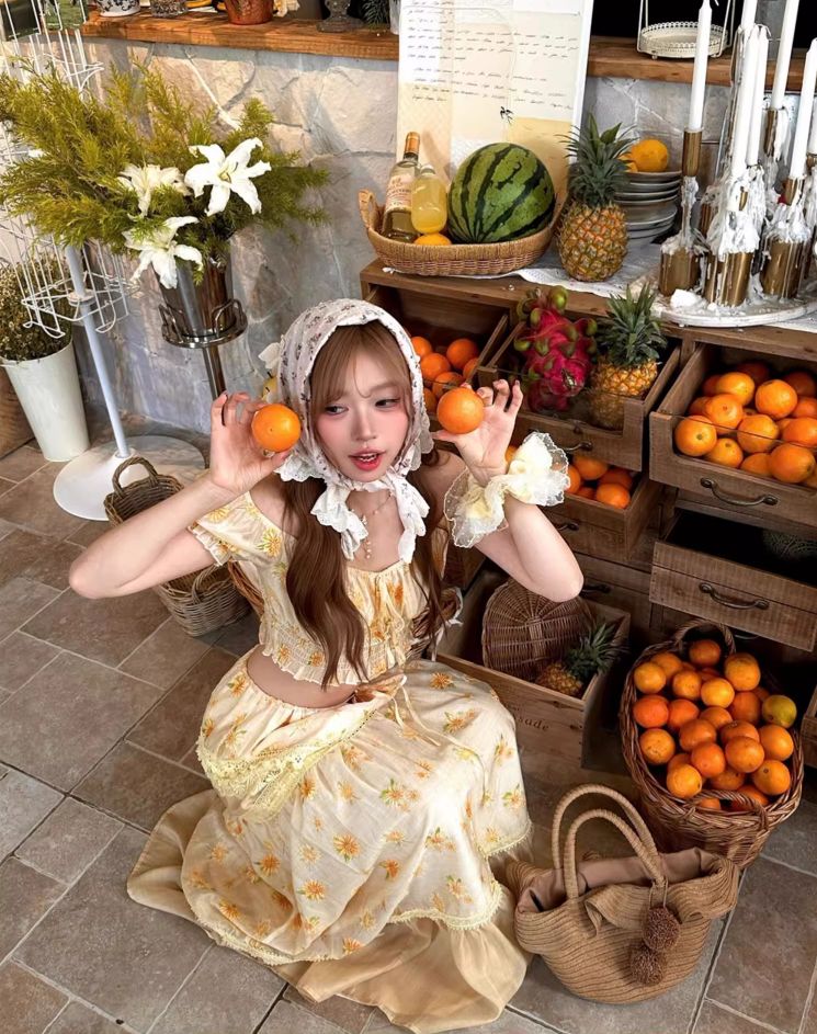 Cottagecore Off-Shoulder Floral Two-Piece Long Dress Open-Waist Tiered Lace Long Dress AP1093