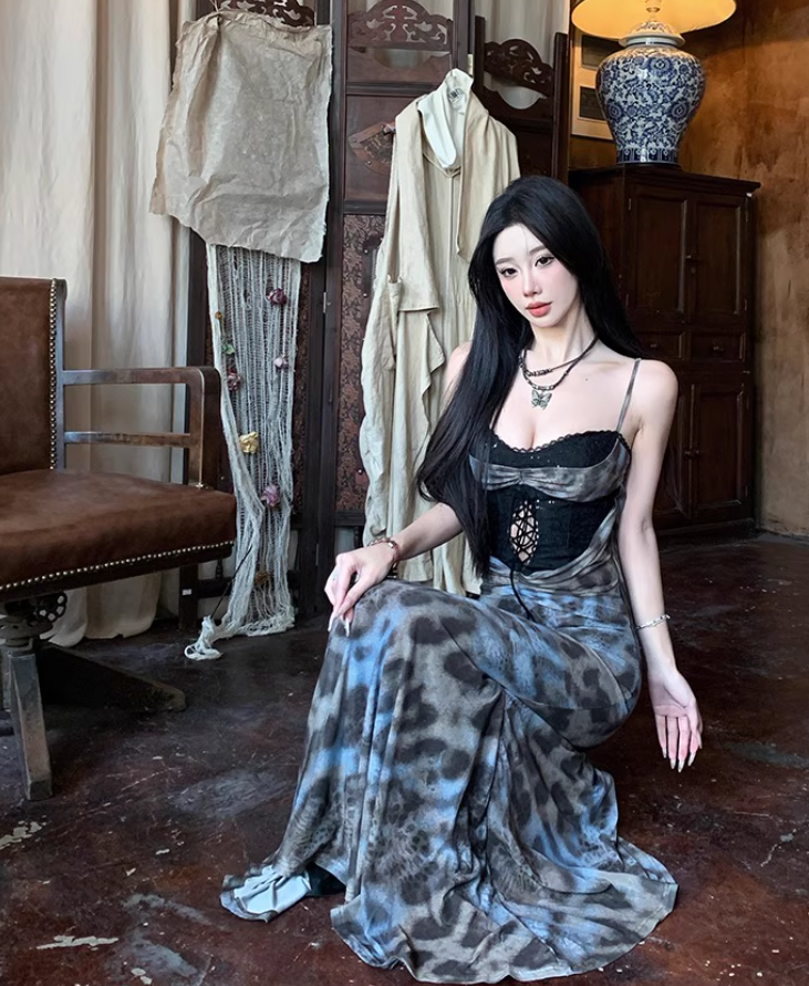 Bohemian Lace-Up Cutout Leopard Print Mermaid Maxi Dress Sexy Spaghetti Strap Long Dress AP1096