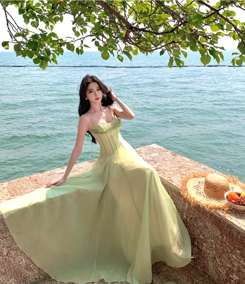 Elegant Light Green Maxi Dress Flowy Ruffled Neckline Spaghetti Strap Long Dress AP1097