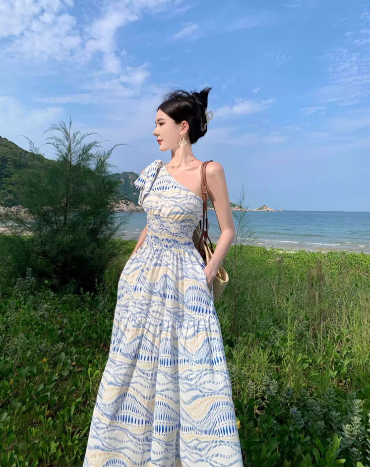 Beach Vacation Blue Wave Print Long Dress Asymmetric Neckline One-Shoulder Long Dress AP1101