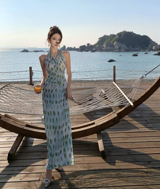 Elegant Getaways Slim-Fit Maxi Dress Flowy Backless Gathered Slit Halter Long Dress AP1103