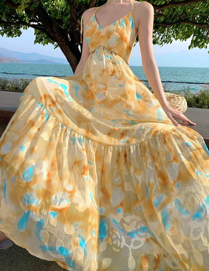 Vibrant Yellow & Blue Abstract Print Maxi Dress Beach Vacation Flowy Sequins Design Halter Dress AP1105