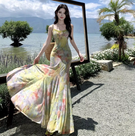 French-Inspired Beachwear Watercolor Print Mermaid Maxi Dress Flowy Multicolor Spaghetti Strap Long Dress AP1106