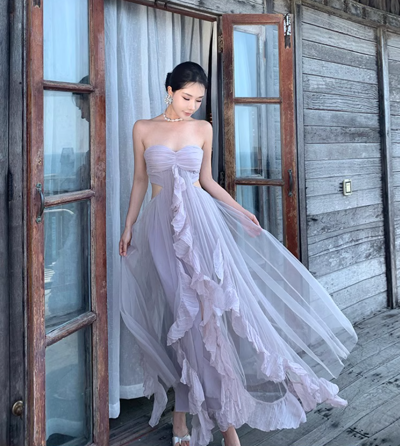 Ethereal Pale Lavender Strapless Long Dress Chic Ruched Open-Waist Tulle Overlay Long Dress AP1111