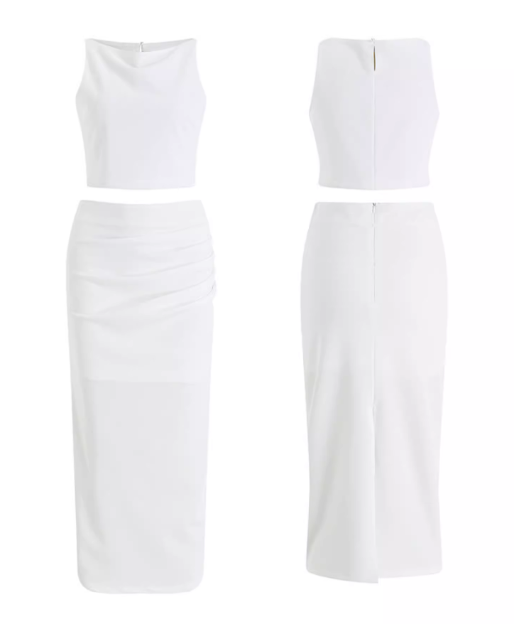 Graceful Everyday Wear White Sheath Long Dress Two-Piece Set Open-Waist Cutout Top Long Dress AP1112