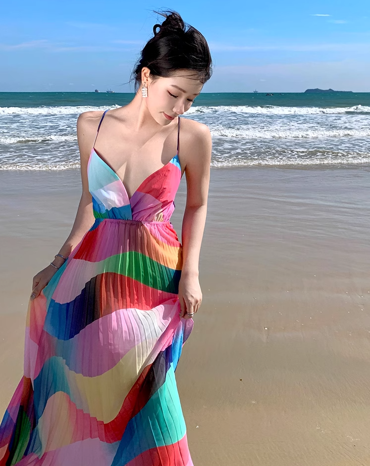 Colorful Wave Print V-Neck Flowy Maxi Dress Open-Back Spaghetti Strap Long Dress AP1113