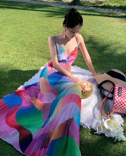 Colorful Wave Print V-Neck Flowy Maxi Dress Open-Back Spaghetti Strap Long Dress AP1113