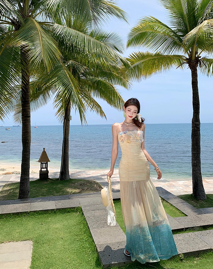 Vibrant Yellow-Blue Gradient Flowy Maxi Dress 3D Petal Ruched Spaghetti Strap Long Dress AP1118