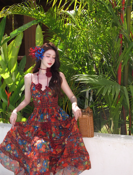 Vibrant Red Stereo Floral Photogenic Maxi Dress Colorful Floral Print Spaghetti Strap Long Dress AP1119