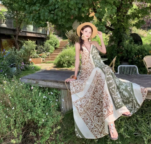 Boho Style Earthy Tone Tribal Pattern Getaways Maxi Dress V-Neck Flowy Halter Dress AP1120