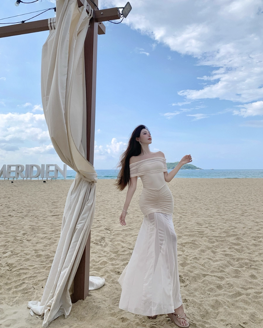 Graceful Vacations Outfit Sheath Long Dress Ruched Off-Shoulder Tulle Splicing Long Dress AP1121