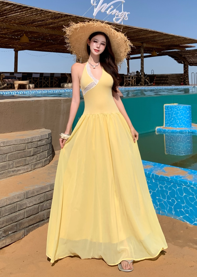 Vibrant Tropical Style Soft Double Layers Maxi Dress Getaways Flowy Tie-Back Halter Dress AP1125