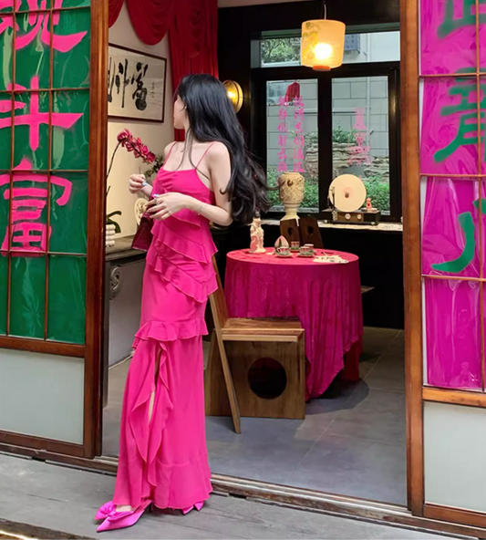 Date Night Hot Pink Asymmetric Ruffle Maxi Dress High-Slit Spaghetti Strap Long Dress AP1126