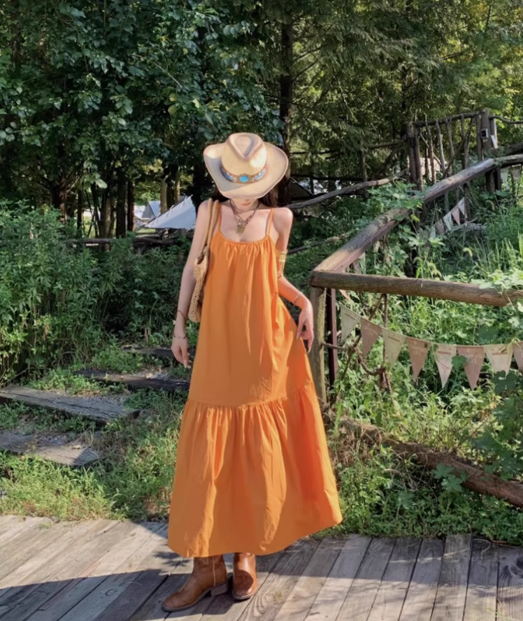 Summer Vacation Outfit Everyday Wear Maxi Dress Minimalist Spaghetti Strap Orange Long Dress AP1127