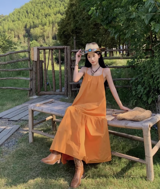 Summer Vacation Outfit Everyday Wear Maxi Dress Minimalist Spaghetti Strap Orange Long Dress AP1127