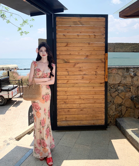 Gorgeous French-Style Hot Sheath Maxi Dress Floral Printed Breathable Fabric Long Dress AP1129