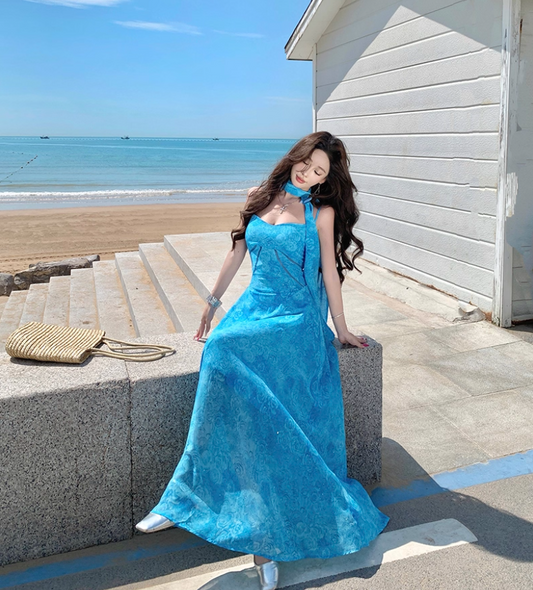 Dopamine Chic Blue Floral Print Tulle Overlay Maxi Dress Vacation Flowy Spaghetti Strap Long Dress AP1130