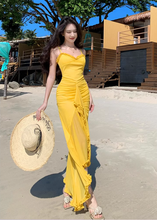 Romantic Yellow Ruched Mesh Maxi Dress Slit Hem Draped Spaghetti Strap Long Dress AP1131