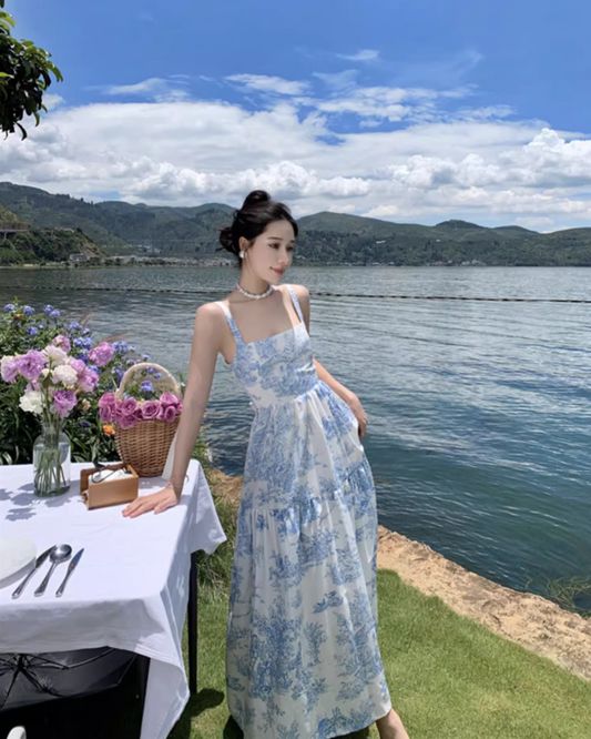 Retro Square Neck Coastal Getaways Maxi Dress Everyday Wear A-Line Blue Floral Print Long Dress AP1134