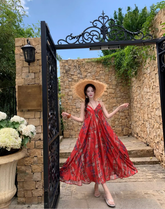 Vintage Red Plaid Coastal Getaways Maxi Dress Everyday Wear Loose Style Long Dress AP1135