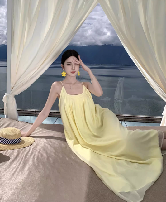 Vibrant Minimalist Yellow Flowy Square Neck Maxi Dress Tulle Overlay Loose Style Long Dress AP1136