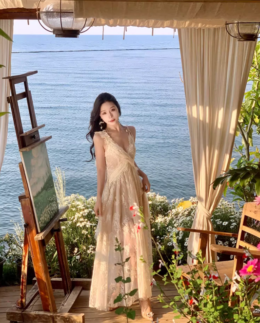 Ethereal Lace Splicing V Neck Maxi Dress Flowy Loose Style Ruffles Straps Long Dress AP1137