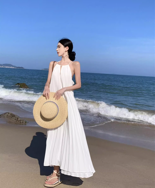 Ethereal Backless Hollow-Out Maxi Dress Flowy Oversize Pressed Pleat Halter Long Dress AP1141